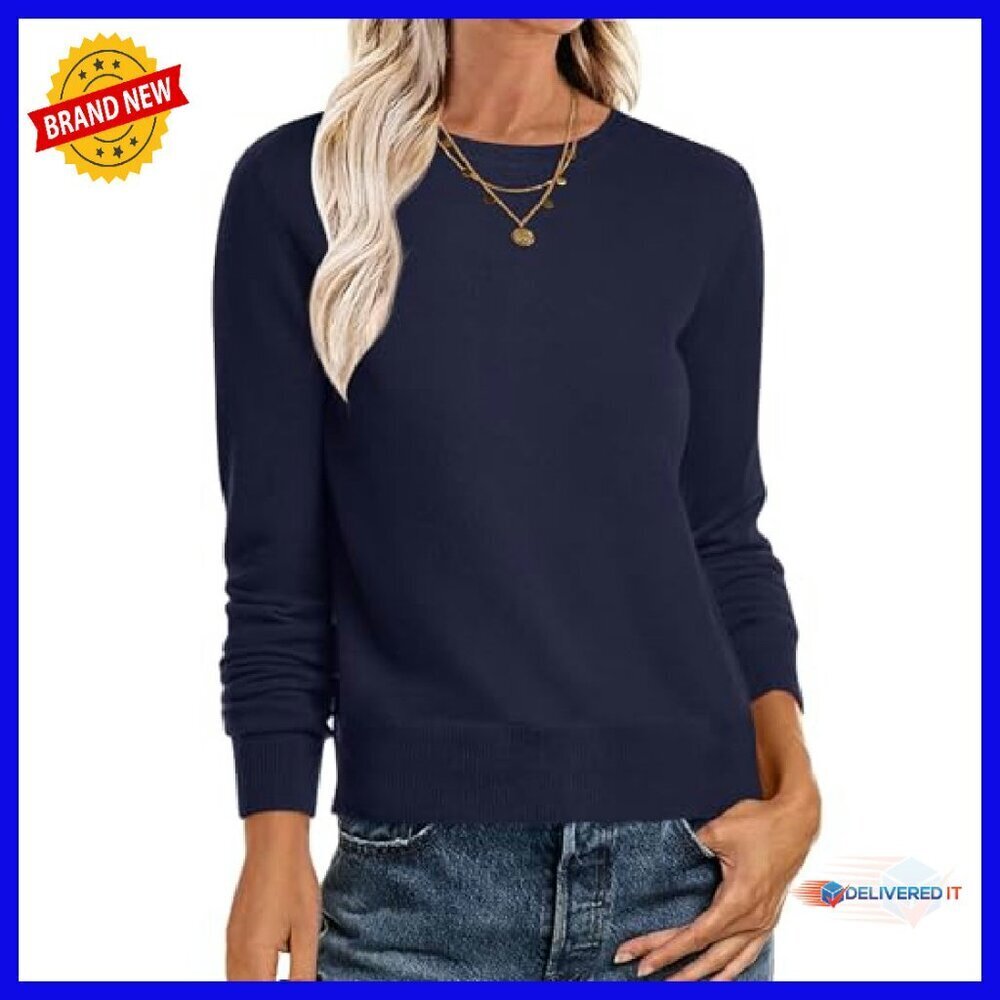 Lightweight Crewneck Pullover Sweater Women's Long Sleeve Loose Fit Knit Top - Picture 2 of 8